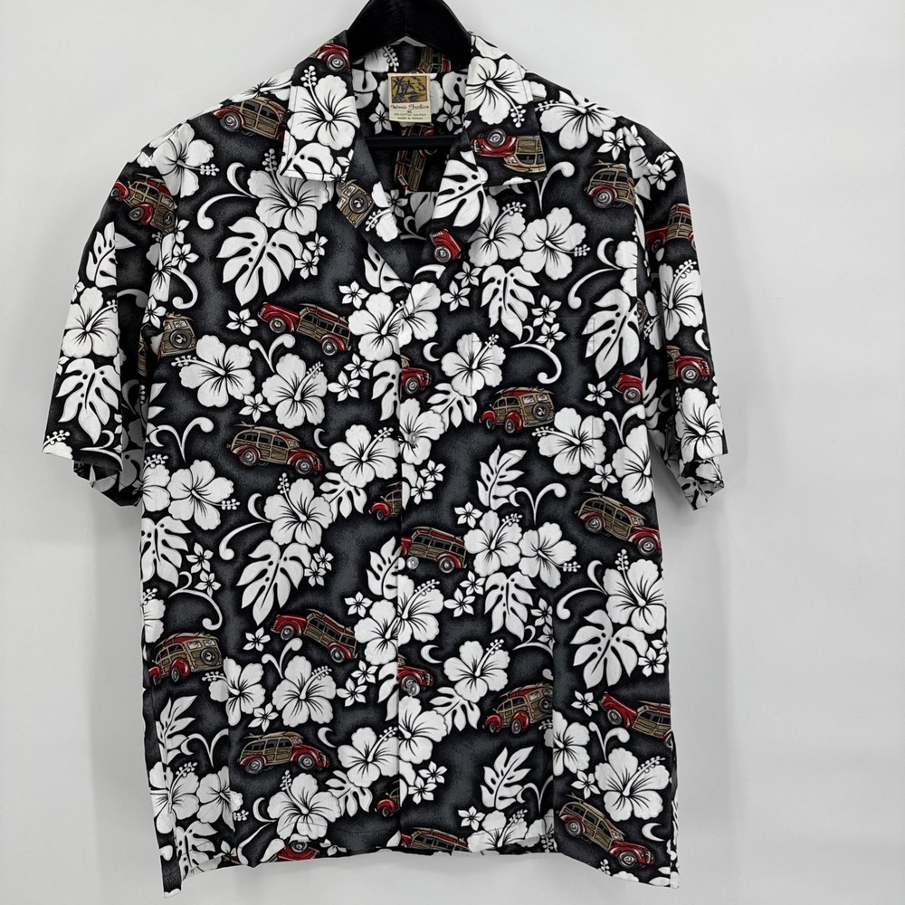 Winnie Fashion Men's XL Hawaiian Shirt Gray White Cars Surfboards Made in Hawaii